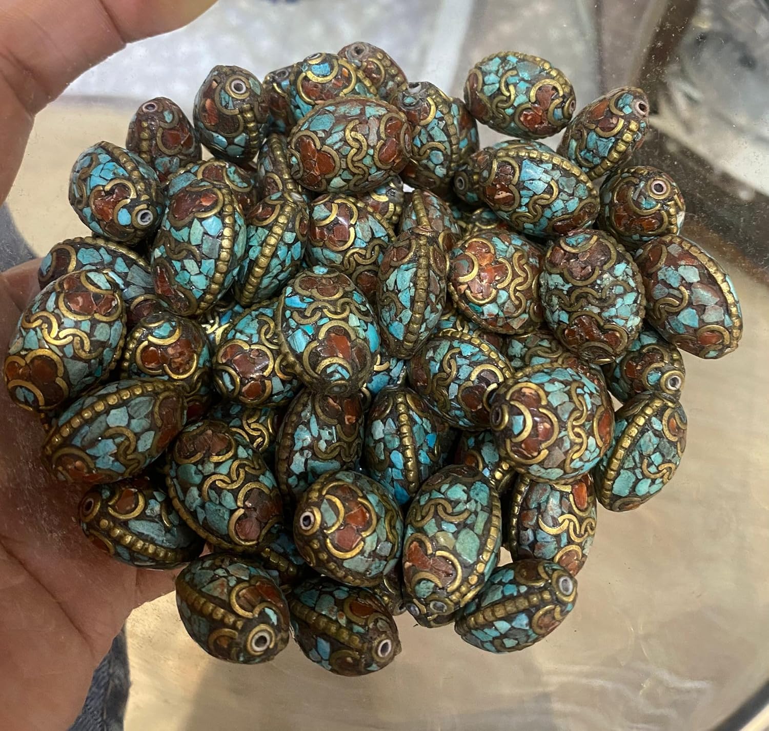 23X13mm Handcrafted 7g Natural Nepalese Tibetan Brass Bead with Turquoise & Coral Inlay – Vintage Ethnic Dzi Style Oval Bead for,Loose Beads,Jewelry Making