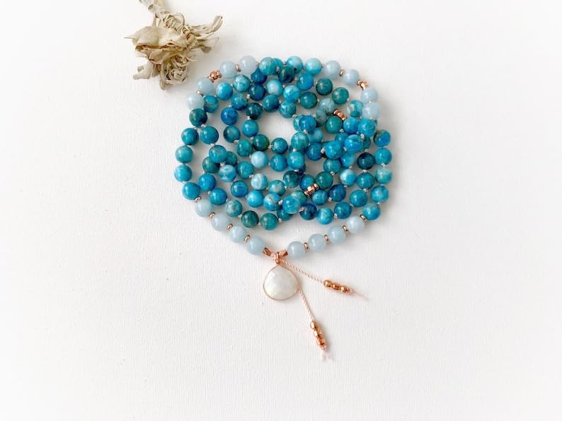 Natural Apatite Aquamarine and Moonstone 6mm 108 Mala Beads, Spiritual, Meditation Beads, Reiki, Japa Mala, Buddhist Prayer Beads, Yoga Bracelet, healing beads LKMALA-RRGU-2100