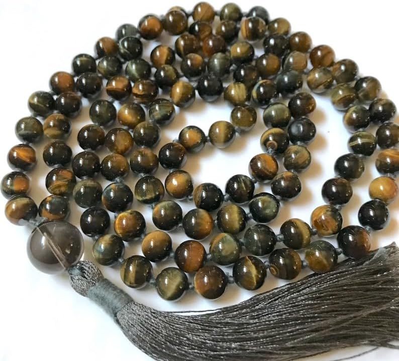 Natural Tiger's Eye,Smoky Quartz 8mm-14mm 108 Mala Beads, Spiritual, Meditation Beads, Reiki, Japa Mala, Buddhist Prayer Beads, Yoga Bracelet, healing beads LKMALA-RRGU-1012