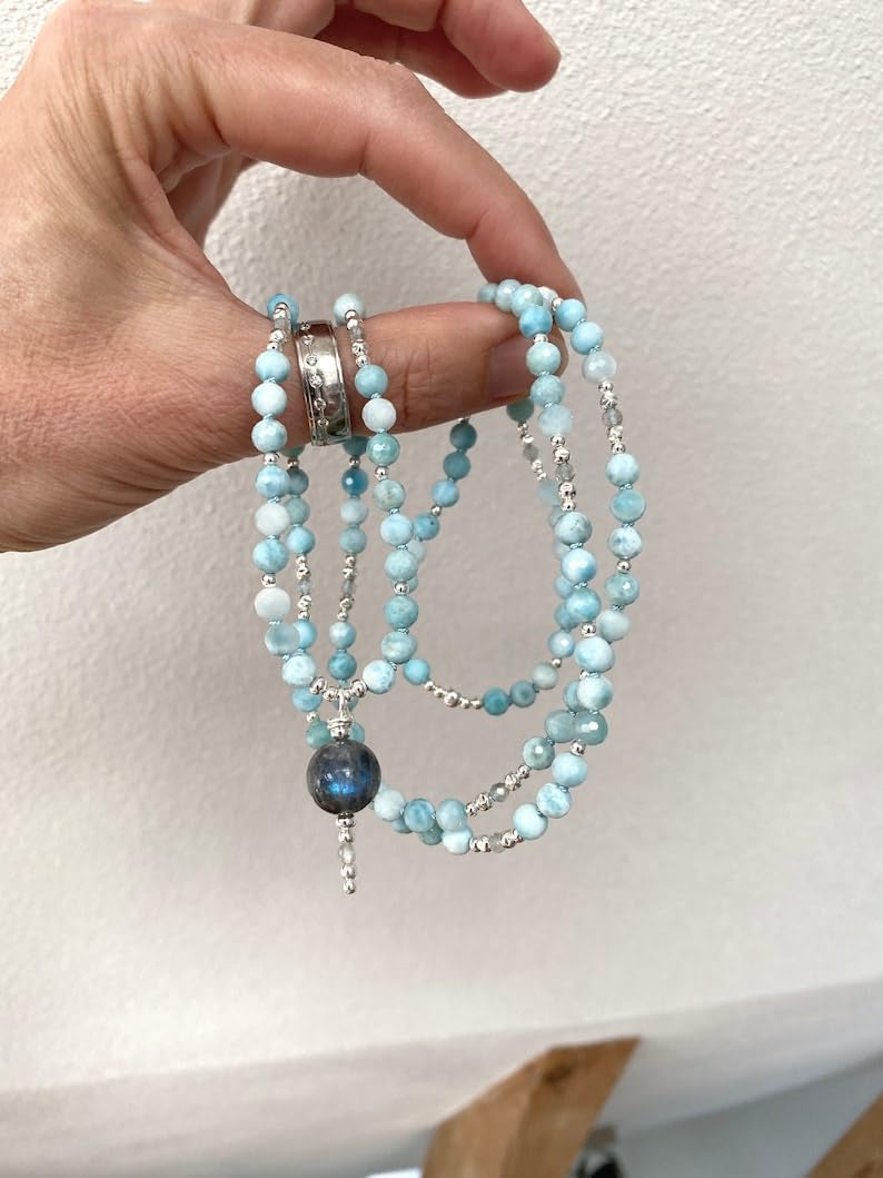 Larimar Stone Mala Beads, 108 Mala Necklace, Knotted Mala, WWG Necklace, Yoga Jewelry Meditation Beads Spiritual Jewelry Boho Jewelry