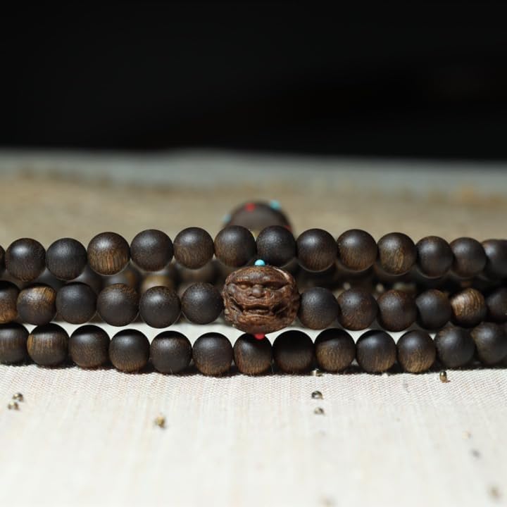 Brunei Agarwood 8mm Prayer Beads with Embedded Green Turquoise and South Red Lotus Pods, Honey-Sweet Aroma, 90% Aged