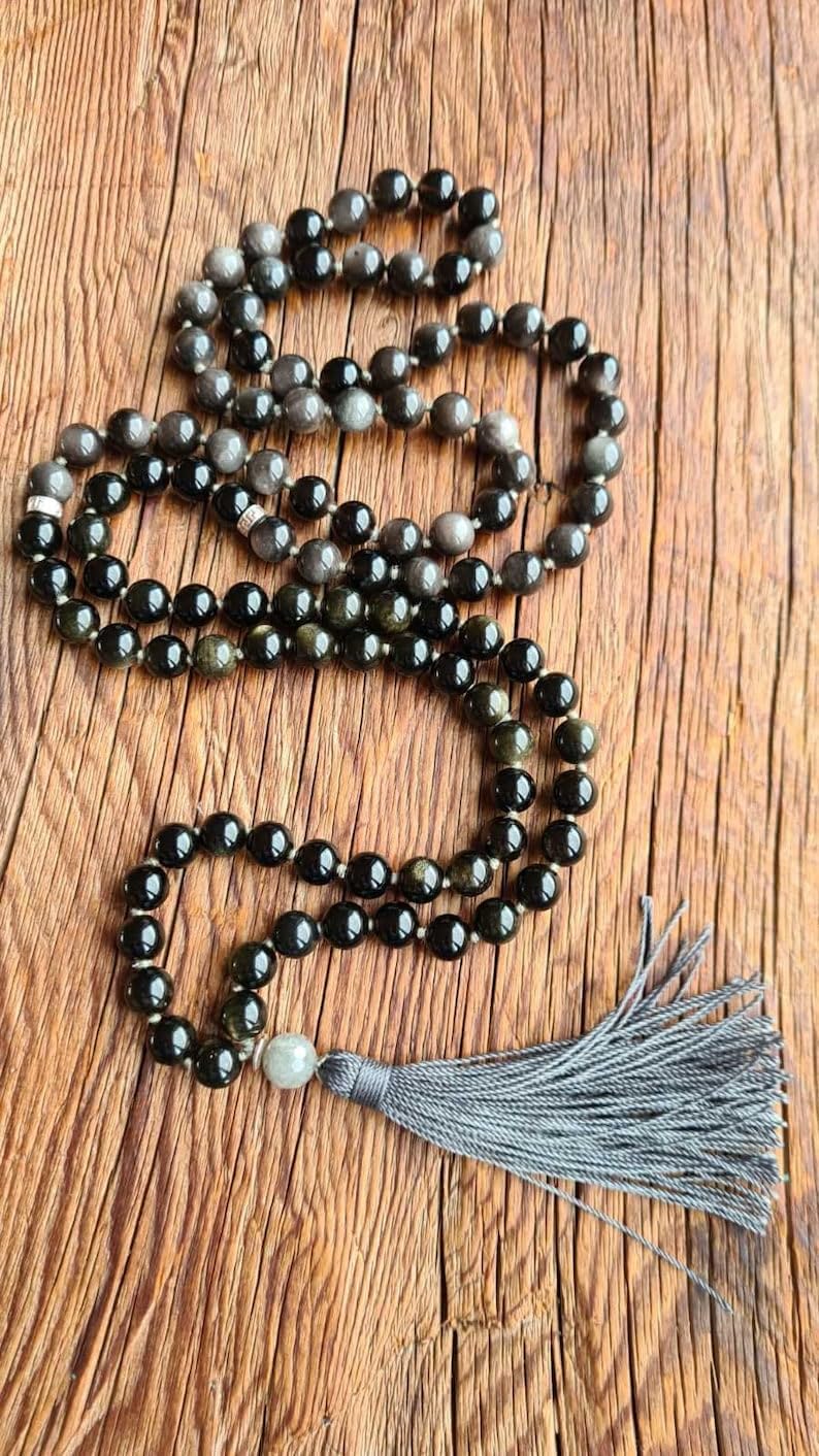 Natural Silver Golden Sheen Obsidian 8mm 108 Mala Beads, Spiritual, Meditation Beads, Reiki, Japa Mala, Buddhist Prayer Beads, Yoga Bracelet, healing beads LKMALA-RRGU-2719