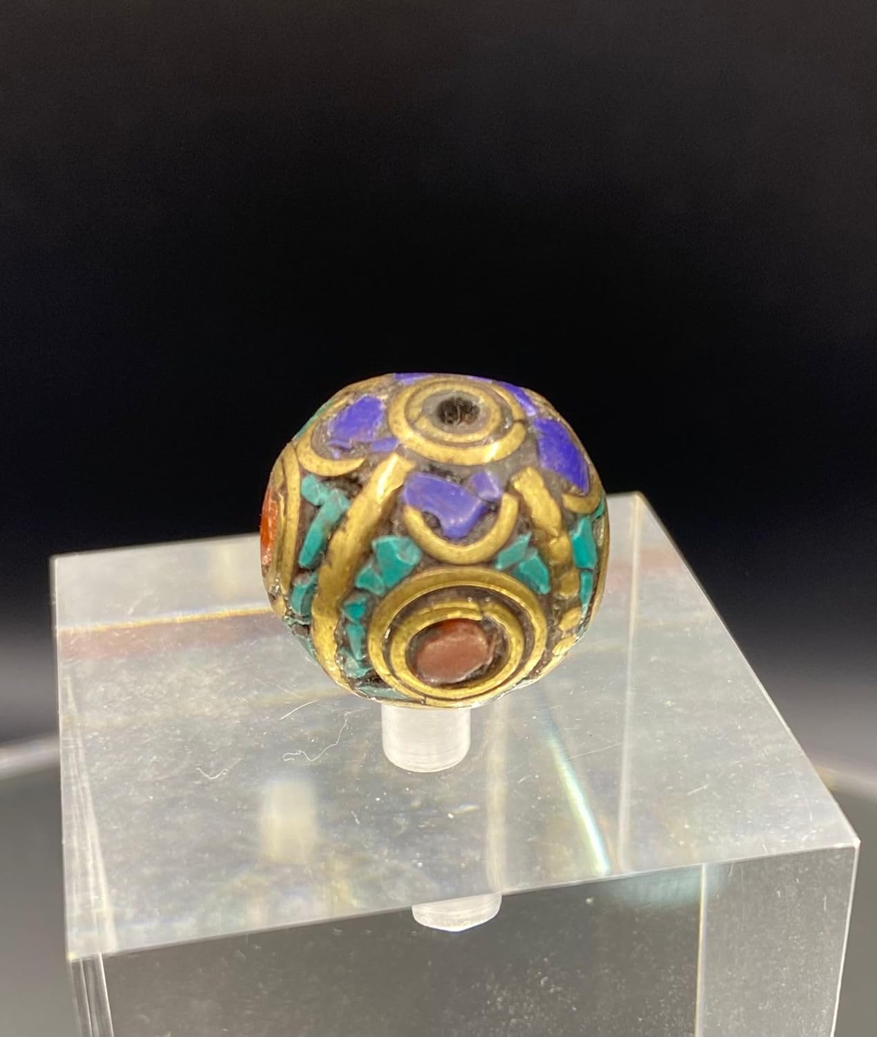 Old Antique Nepali Tibetan Handmade Brass Bead 20mm 10g | Turquoise,Lapis Lazuli & Coral Inlay Round Bead | Ethnic Boho Jewelry Supply | for Pendant Bracelet Necklace Making (50)