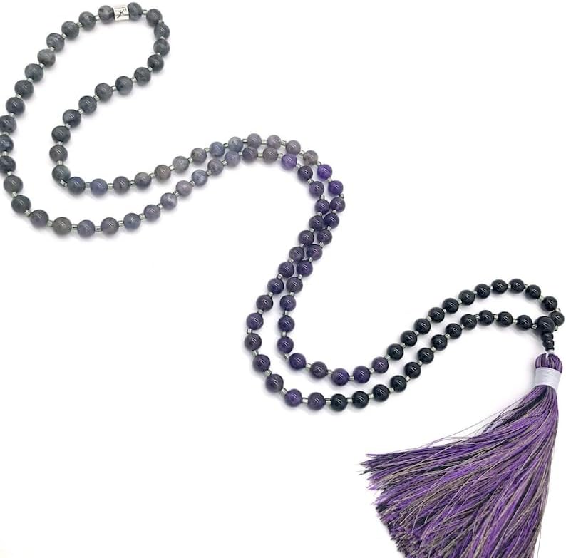 Natural AMETHYST ,IOLITE,LARVIKITE LABRADORITE,OBSIDIAN 8mm 108 Mala Beads, Spiritual, Meditation Beads, Reiki, Japa Mala, Buddhist Prayer Beads, Yoga Bracelet, healing beads LKMALA-RRGU-2651