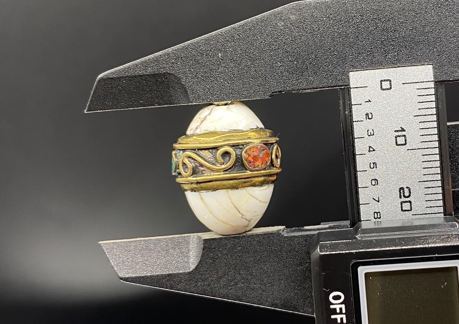 Handcrafted Nepalese Tibetan Natural Shell Pearl Bead with Lapis and Coral 21x17mm – 7.6g Oval Brass Bead for Jewelry Making, Craft Supplies, DIY Necklace & Bracelet Design,Loose Beads (20)