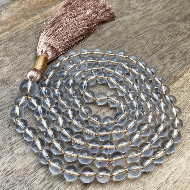 Natural Clear Quartz 8mm 108 Mala Beads, Spiritual, Meditation Beads, Reiki, Japa Mala, Buddhist Prayer Beads, Yoga Bracelet, healing beads LKMALA-RRGU-583