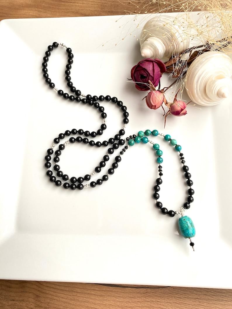 Natural chrysocolla and black tourmaline 6mm 108 Mala Beads, Spiritual, Meditation Beads, Reiki, Japa Mala, Buddhist Prayer Beads, Yoga Bracelet, healing beads LKMALA-RRGU-3420