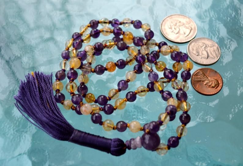 Natural Ametrine, Amethyst, Citrine 6mm 108 Mala Beads, Spiritual, Meditation Beads, Reiki, Japa Mala, Buddhist Prayer Beads, Yoga Bracelet, healing beads LKMALA-RRGU-1881