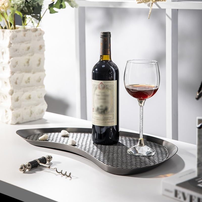 Tray Decor Simple Modern Metal Geometric Black Leather Tray Tray Living Room Sample Ornaments Storage Tray Food Tray(Medium)