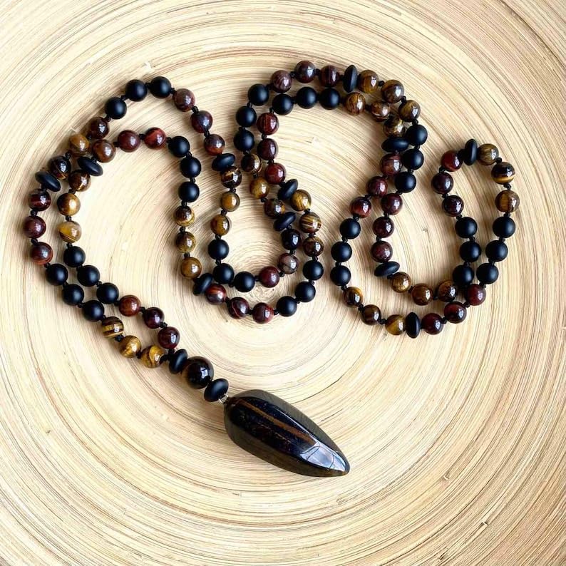 Natural Tiger's Eye & Bulls-eye,Hawkeye 8mm-14mm 108 Mala Beads, Spiritual, Meditation Beads, Reiki, Japa Mala, Buddhist Prayer Beads, Yoga Bracelet, healing beads LKMALA-RRGU-1099