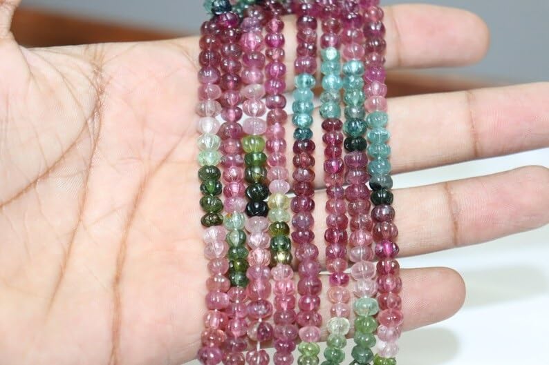 AAA+ Quality Multi Tourmaline Smooth Carved Rondelle 5-6mm Beads Strand for Jewelry Making Hand Carving Natural Multi Touramline Rondelle Wholesale Beads