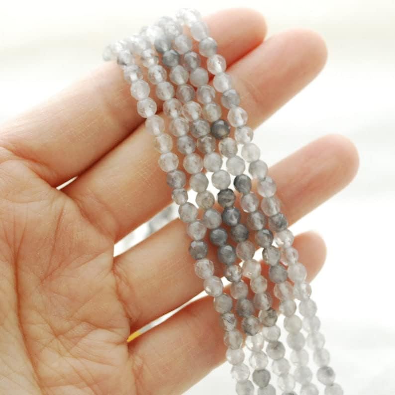 13 inch Strand of Natural gem Gray Quartz, 2mm Round Faceted Beads for DIY Jewelry Making. | Beads_03978