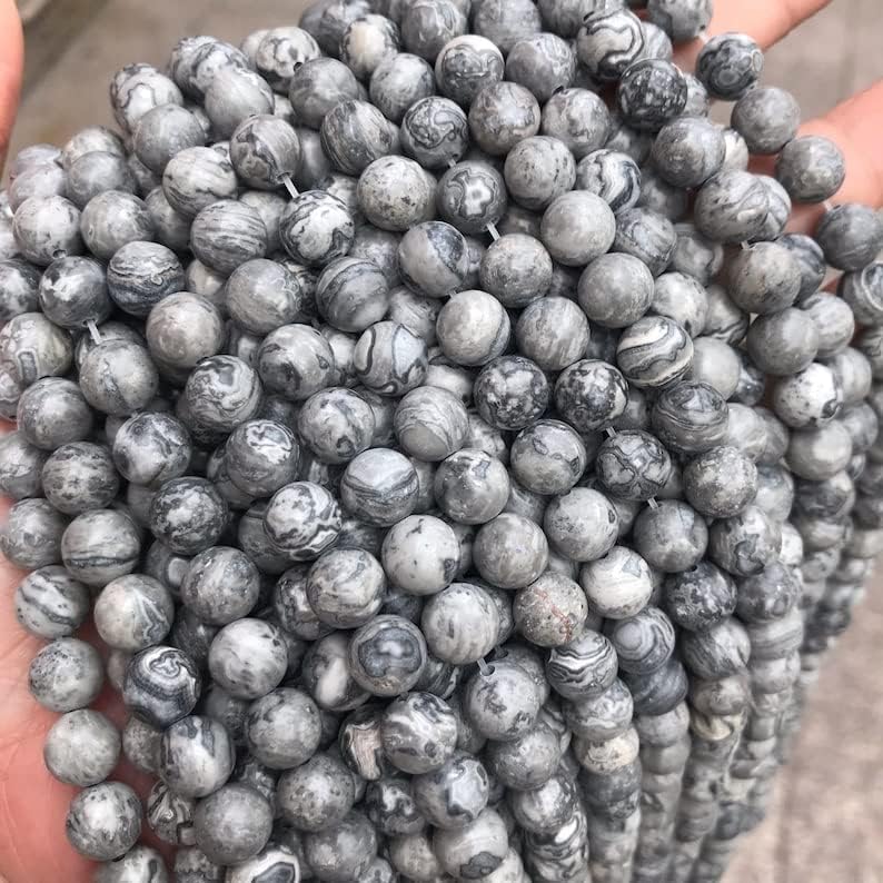 13 inch Strand of Natural gem Gray Jasper, 8mm Round Smooth Beads for DIY Jewelry Making. | Beads_03916