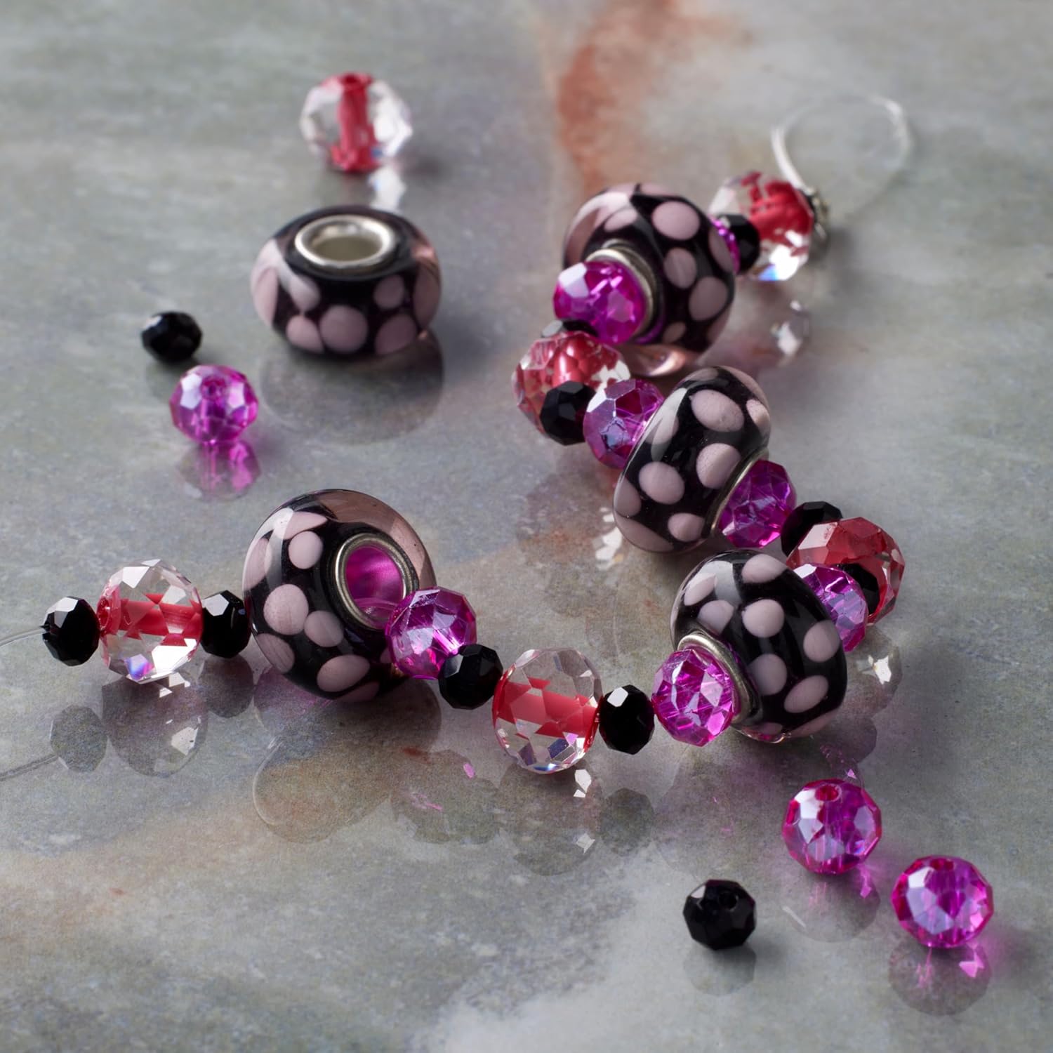 Bead Landing Fuchsia Lampwork Glass Dot Rondelle Beads - Includes 29 Spacer Beads & Handmade Dot Rondelles, Perfect for Jewelry Making & Craft Projects, 12 Pack
