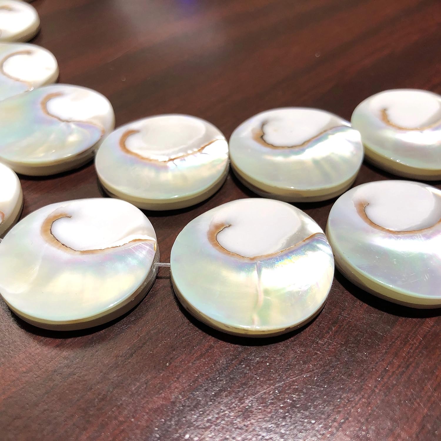 ABCGEMS Metallic-Silver Mermaid-Nautilus Beads with Iridescent Flash (Each Piece Produces Only One Bead from Its Center) Thick Nacre - Core Spiral Cut - Gigantic 30mm Coin (Full Strand - 14 Beads)