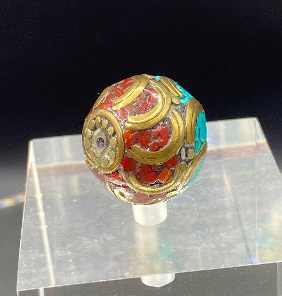 ALI OPLAS Old Antique Nepali Tibetan Handmade Brass Bead 18mm 9g | Turquoise & Coral Inlay Round Bead | Ethnic Boho Jewelry Supply | for Pendant Bracelet Necklace Making (50)