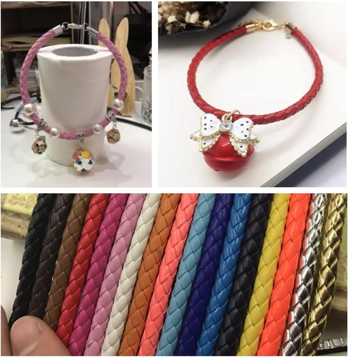 RANARA Fold Braided Leather Cord,8mm Round Leather Cord String DIY Necklace Bracelet Making Black Brown Braided PU Rope Jewelry Accessories, 1pcs (Color : Red, Size : 1m) (Color : Black, Size : 10m)