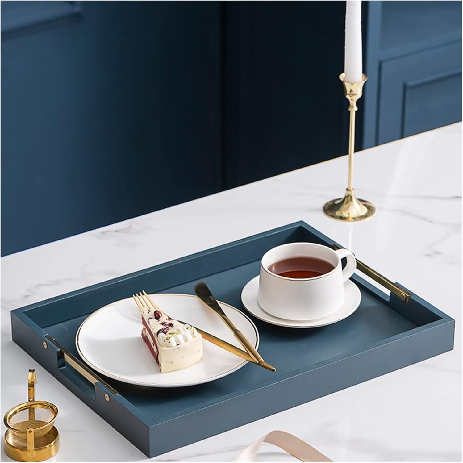 Tray Serving Tray and Platter, Rectangular Wooden Thick Metal Handle Snack Tray, Breakfast Tray, Stylish Farmhouse Decor Serving Platters Serving Trays(A,Medium)