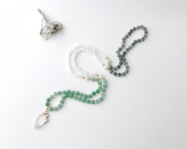 Natural Green Aventurine Moonstone Labradorite and Quartz 8mm 108 Mala Beads, Spiritual, Meditation Beads, Reiki, Japa Mala, Buddhist Prayer Beads, Yoga Bracelet, healing beads LKMALA-RRGU-2187