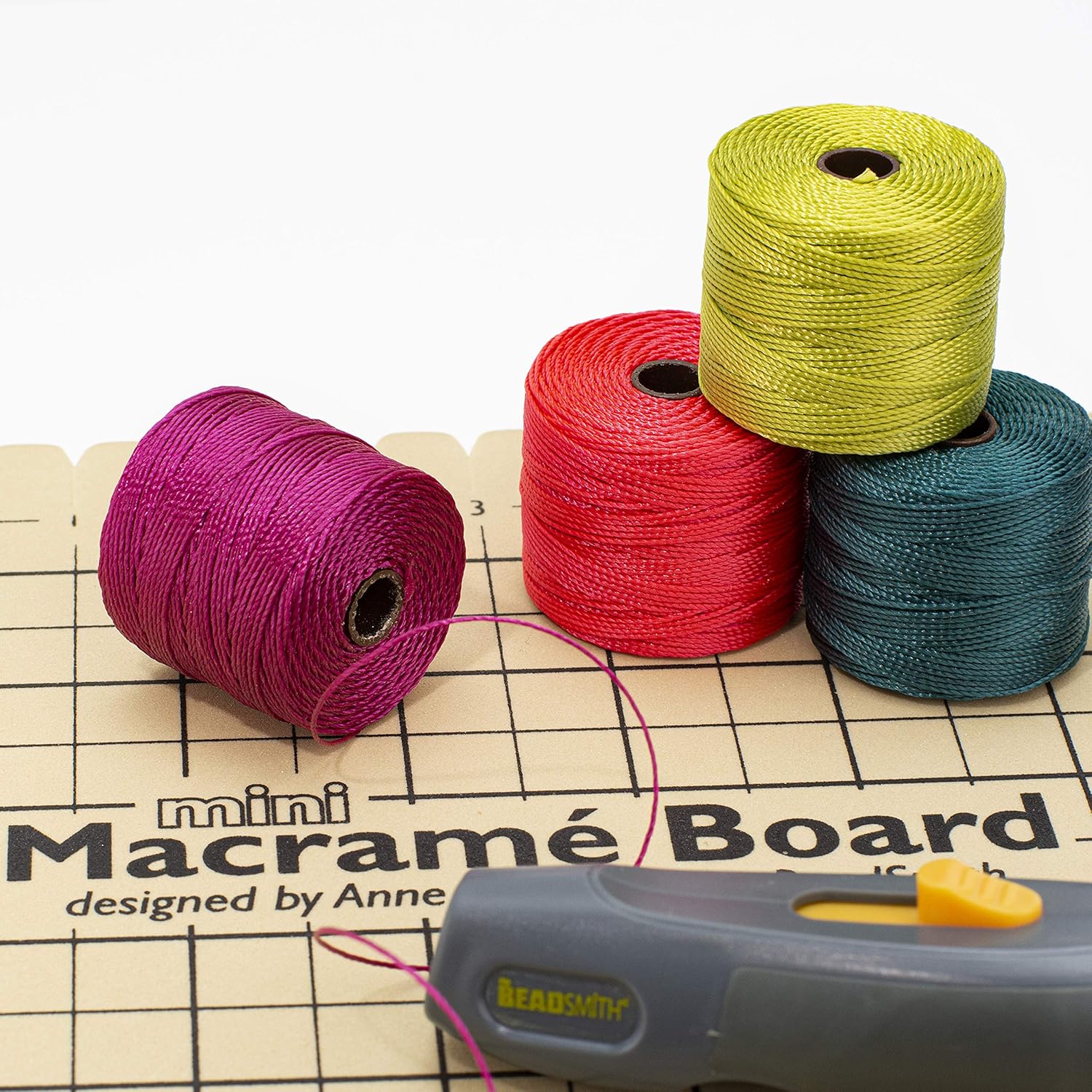 The Beadsmith Mini Macrame Kit - Bead Board 7.5 x 10.5 inches - Thread Zap II - 5.25” Thread Burner - S-Lon Cord #18 Cord, Multipack with 4 Spools – for Macrame and Knotting Jewelry Projects