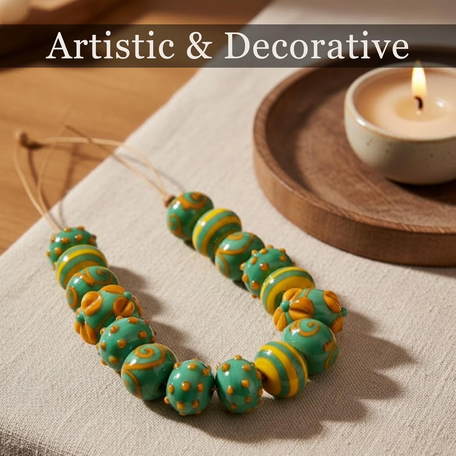 Handcrafted Multicolor Lampwork Glass Beads | Turquoise & Yellow Decorative Artistic Beads | Available in 10 Strands | Premium Handmade for Jewelry Making & DIY Crafts.