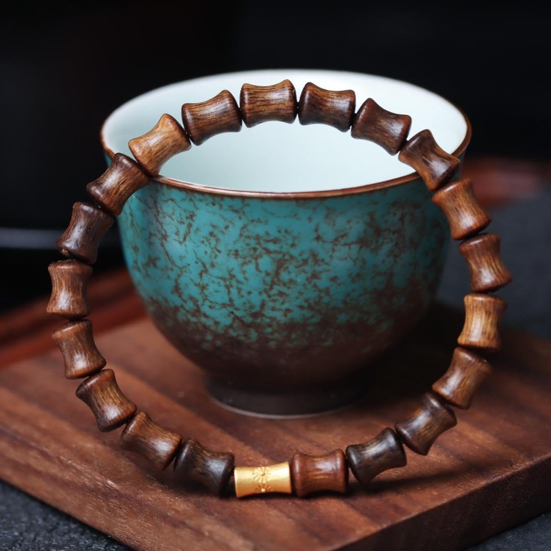 Fusen Red Clay Agarwood Full Oil Sinking Grade Bamboo-Knot Beads 5×8mm Sweet Floral Honey-Scented Bracelet with Candy-Knot Design