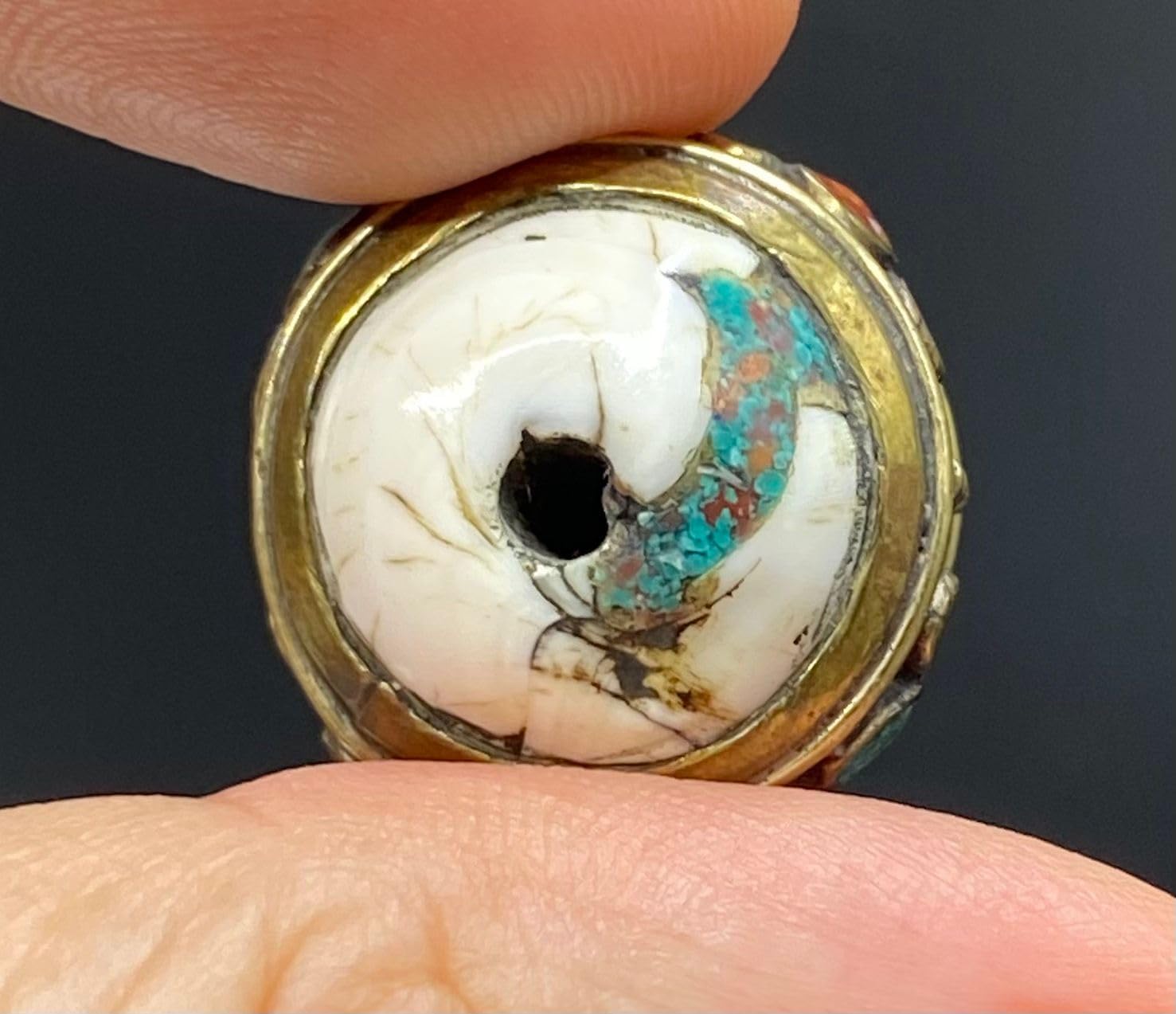 Handcrafted Nepalese Tibetan Natural Shell Pearl Bead with Turquoise and Coral 16x21mm – 9g Round Carved Bead for Jewelry Making, Craft Supplies, DIY Necklace & Bracelet Design (20)