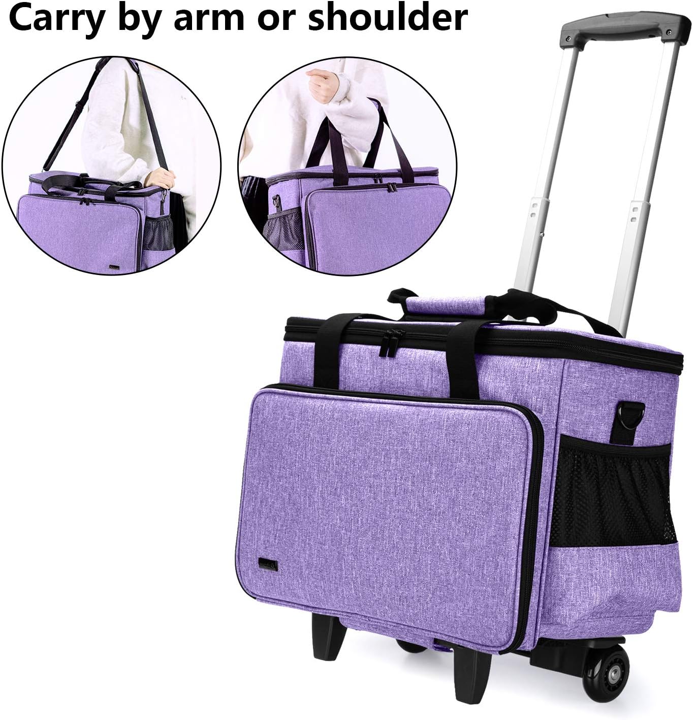 Yarwo Rolling Craft Bag on Wheels 2.0, Women Craft Scrapbook Tote Bag with Detachable Trolley and Extra Bottom Board for Teaching Crafts Supplies and Tools, Rolling Teacher Cart for Women, Purple