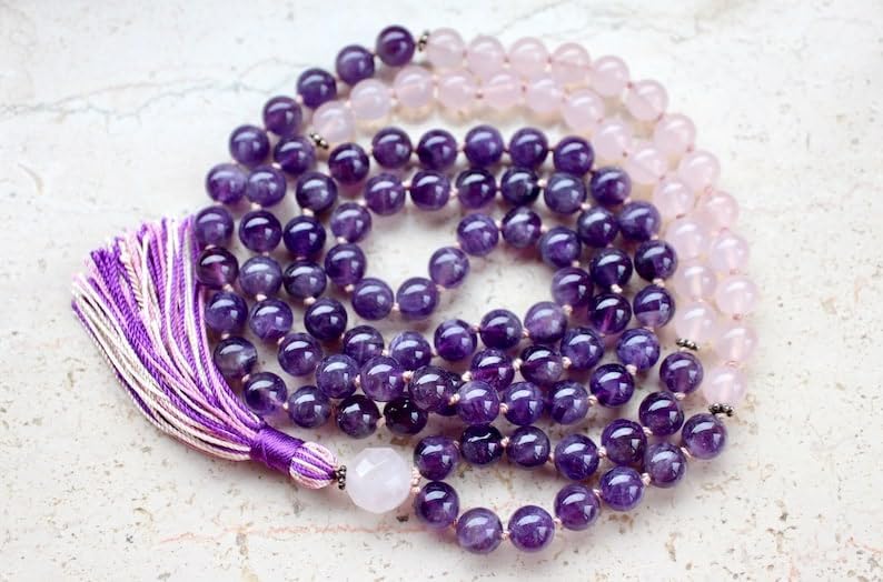 Natural Amethyst and Rose Quartz 8mm 108 Mala Beads, Spiritual, Meditation Beads, Reiki, Japa Mala, Buddhist Prayer Beads, Yoga Bracelet, healing beads LKMALA-RRGU-2928
