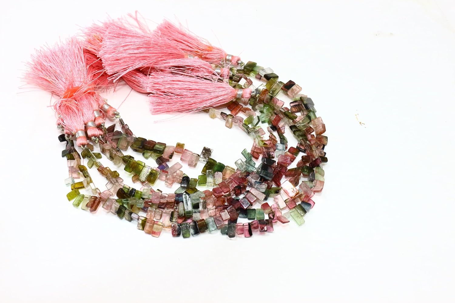 Natural Multi Tourmaline Smooth Slice Beads, Pink and Green, Semi-Precious Gemstone, 4-6mm, 8 Inch Strand with Tassels