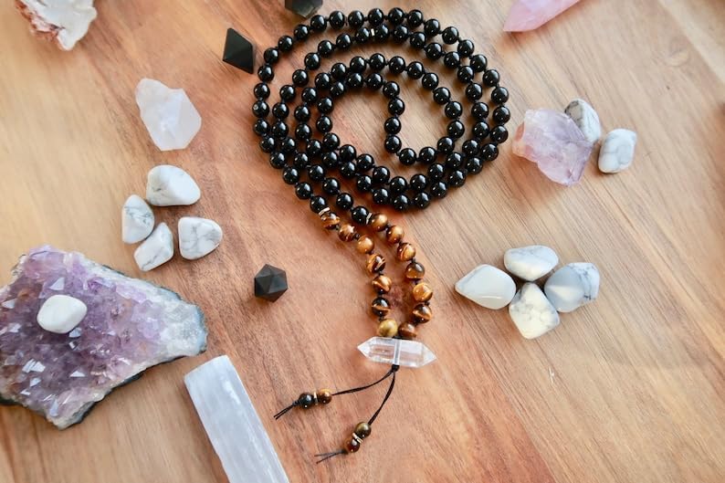 Onyx, Tiger Eye, Clear Quartz Stone Mala Beads, 108 Mala Necklace, Knotted Mala, WWG Necklace, Yoga Jewelry Meditation Beads Spiritual Jewelry Boho Jewelry, 34inch, Gemstone