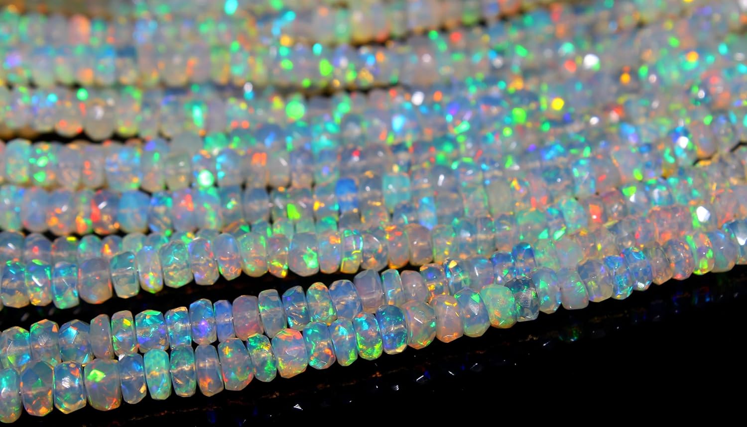 Natural Ethiopian Opal Rondelle Beads, Rainbow Fire Faceted, 4-5mm, 16 Inch Strand, Iridescent Gemstone