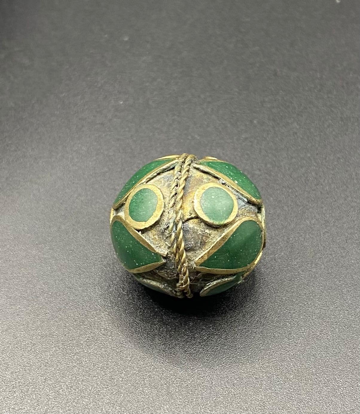 Antique Tibetan Brass Inlay Bead 25x22mm 4.5g | Vintage Green Stone Handmade for Jewelry Making | Ethnic Nepal for Necklace, Bracelet, Earring Craft | Old Tribal Boho Bead (50)