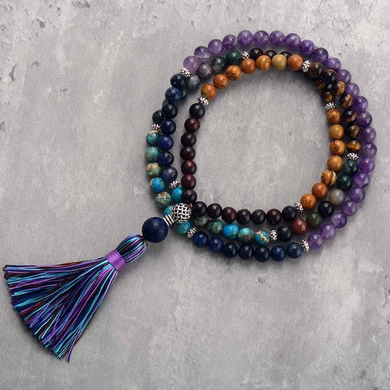 Natural Amethyst, Agate and Jasper Stone Mala Beads, 108 Mala Necklace, Knotted Mala, WWG Necklace, Yoga Jewelry Meditation Beads Spiritual Jewelry Boho Jewelry