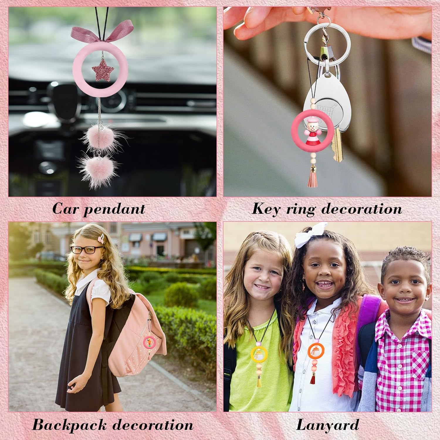 Boocalny 30 Sets Silicone Beadable Rings Making Kits, 65mm Round Silicone Bead Loop and Keychain, Tassels Bulk Leather Key Chain with Black Clasp, Silicone Pendant for DIY Bracelet Jewelry Necklace