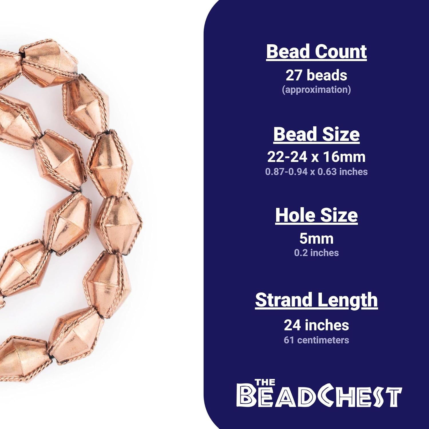 The Bead Chest Ethiopian Wired Copper Bicone Beads 22x16mm African Large Hole 24 Inch Strand Handmade