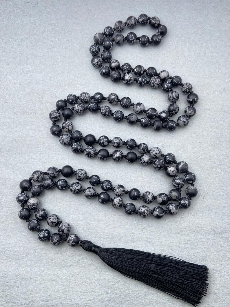 Natural Snowflake Obsidian 8mm 108 Mala Beads, Spiritual, Meditation Beads, Reiki, Japa Mala, Buddhist Prayer Beads, Yoga Bracelet, healing beads LKMALA-RRGU-3612