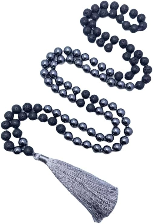 Natural Hematite & Black Lava 8mm 108 Mala Beads, Spiritual, Meditation Beads, Reiki, Japa Mala, Buddhist Prayer Beads, Yoga Bracelet, healing beads LKMALA-RRGU-3683