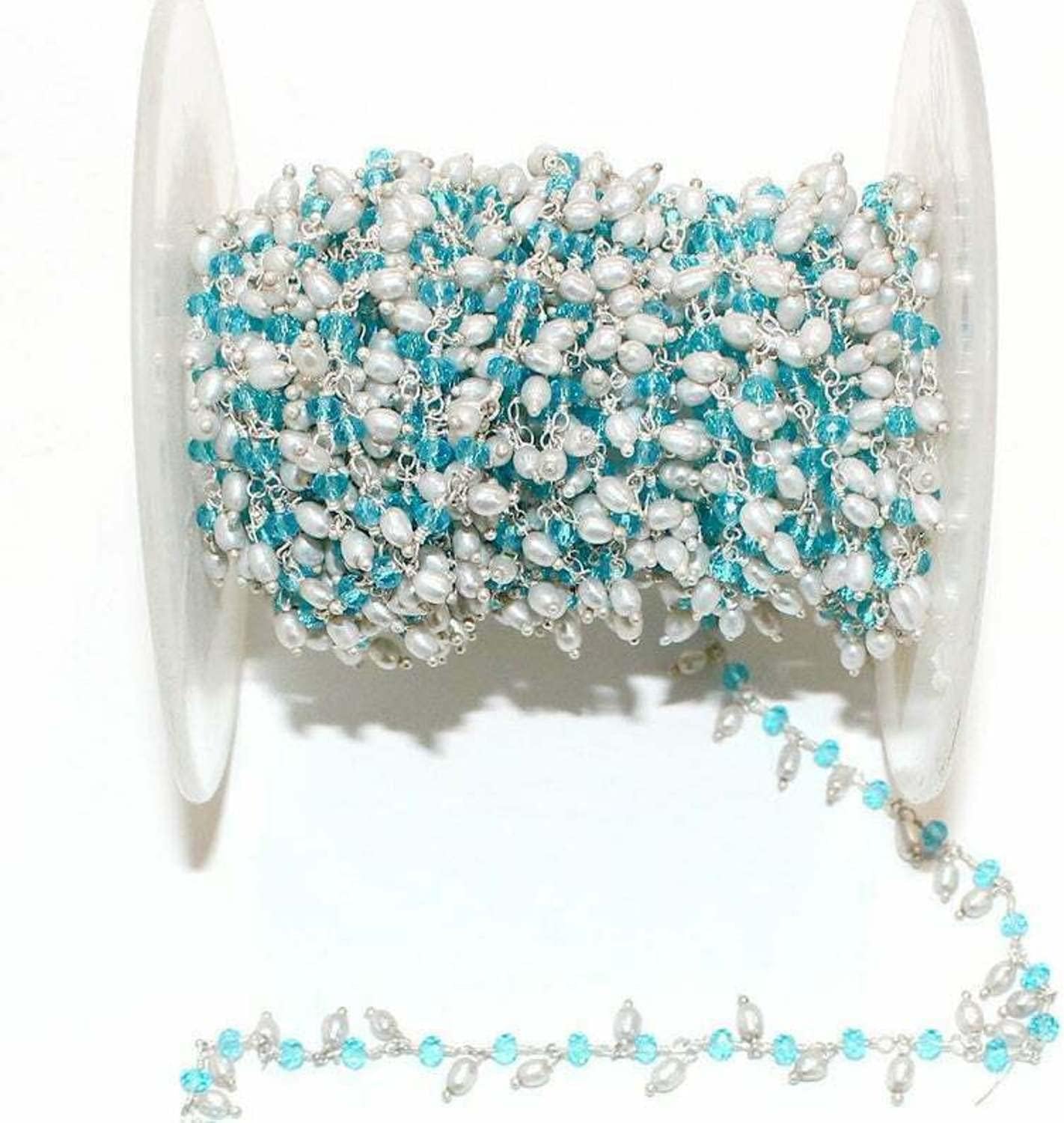 36 inch long gem blue topaz & fresh water pearl 3-4mm rondelle & oval shape faceted & smooth cut beads wire wrapped sterling silver plated dangling rosary chain for jewelry making / DIY jewelry crafts #Code - DANRCH-012