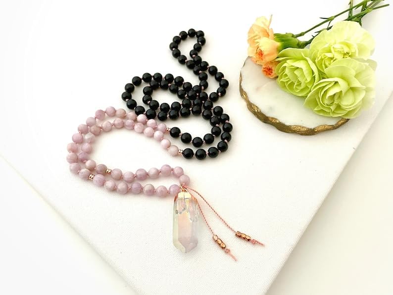 Natural Kunzite and Black Tourmaline 8mm 108 Mala Beads, Spiritual, Meditation Beads, Reiki, Japa Mala, Buddhist Prayer Beads, Yoga Bracelet, healing beads LKMALA-RRGU-2082