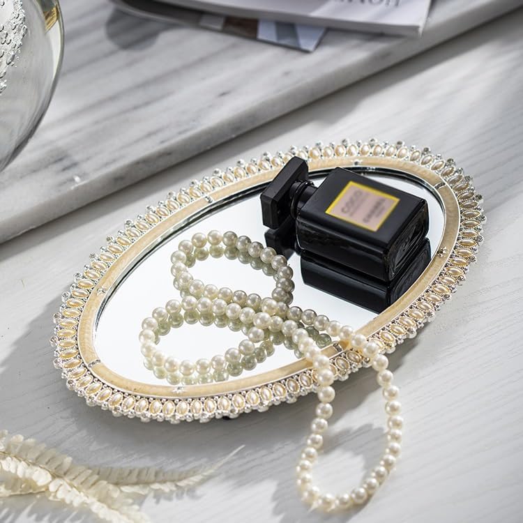 Tray Light Luxury Pearl Tray Oval Storage Tray Entrance Living Room Ornaments Mirror Decoration Storage Tray Serving Trays