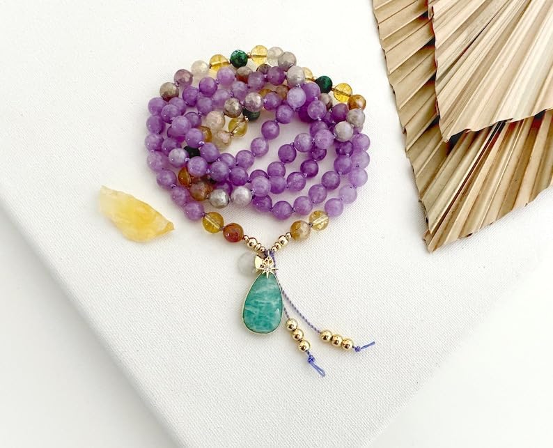 Natural amethyst african turquoise and citrine 8mm 108 Mala Beads, Spiritual, Meditation Beads, Reiki, Japa Mala, Buddhist Prayer Beads, Yoga Bracelet, healing beads LKMALA-RRGU-2197