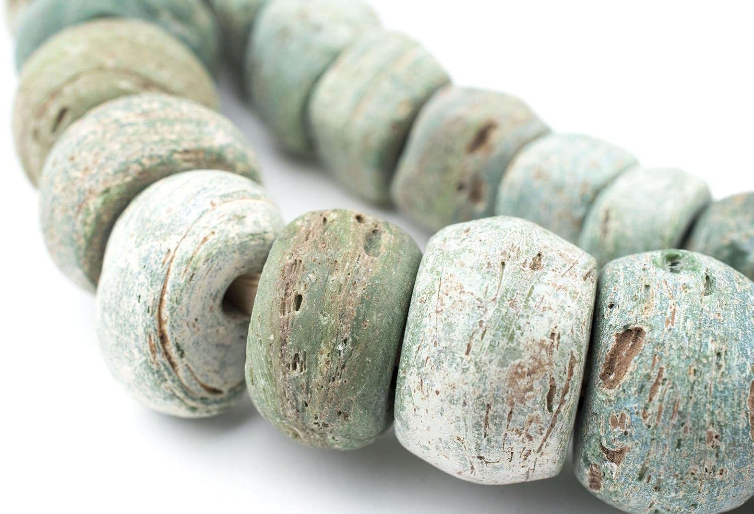 The Bead Chest Antique Green Hebron Kano Beads Natural 18mm West Africa African Cylinder Glass Large Hole 27 Inch Strand Handmade