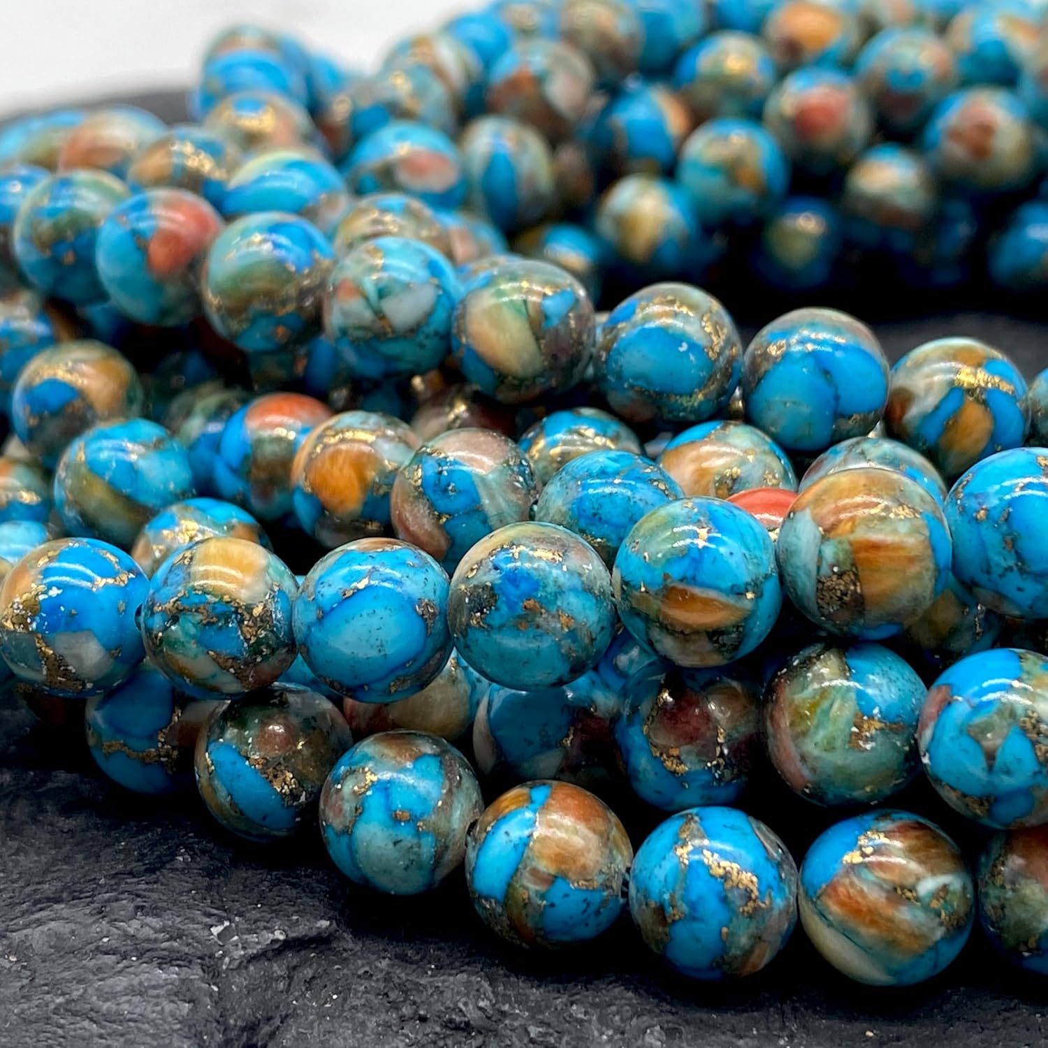 ABCGEMS Mohave Copper Turquoise & Mexican Spiny Oyster Shell Beads (70% 30% Respectively - A Revolutionary Composite Inlay Technique) Native American Style Pow Wow Calibrated Smooth Round 10mm