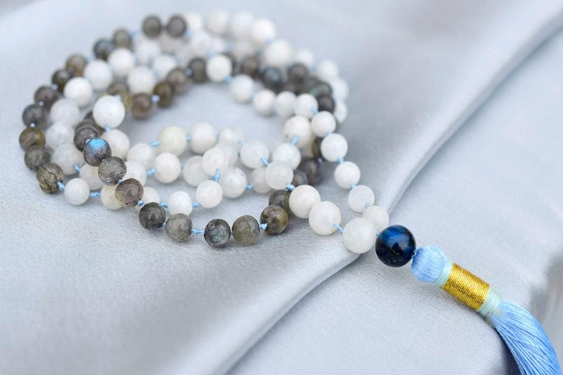 Rainbow Moonstone Labradorite 108 Beads Necklace, Tessel Prayer Beads Mala, Yoga Mala, Blessing Spiritual Ferility Jewelry Gifts, Moonstone Rosary