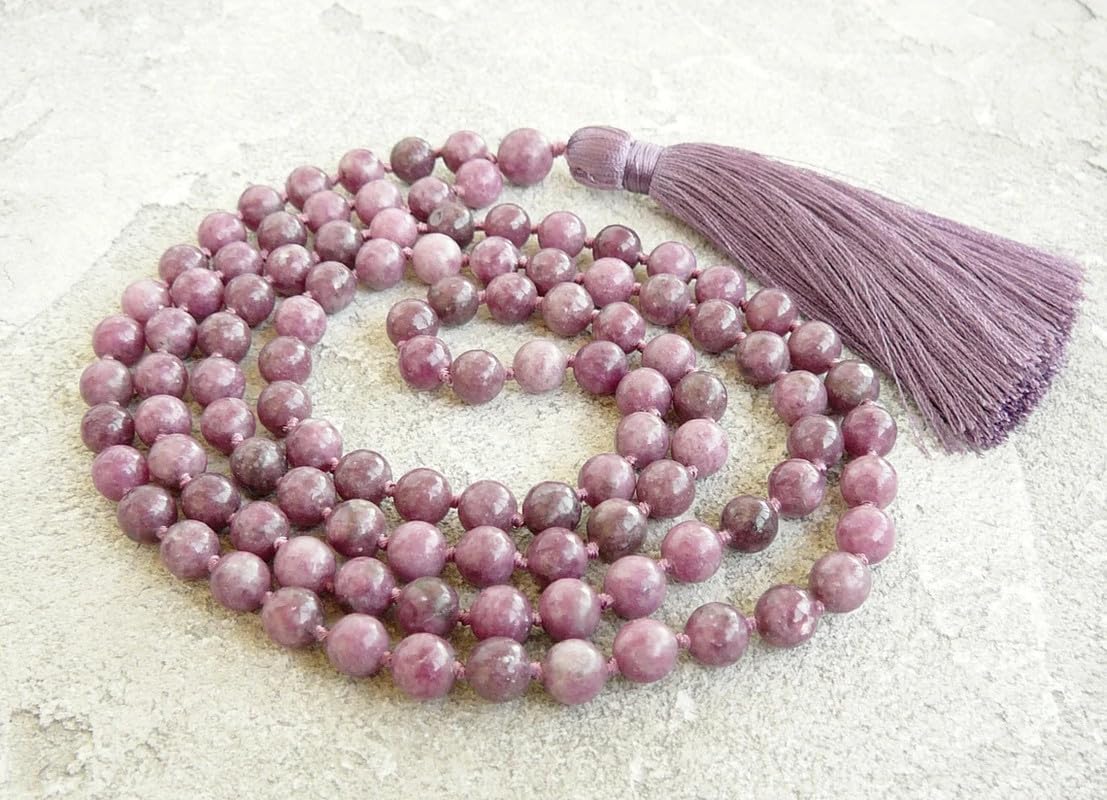 AAA Natural Lepidolite 108-Bead Mala – Hand-Knotted Prayer & Meditation Necklace with Tassel & 10mm Gemstone Beads