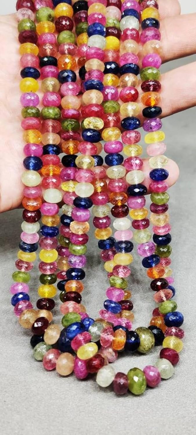Natural Ruby, Blue Sapphire, Yellow Sapphire Rondelle Faceted Beads /8-9.5 mm 16 inch Long String Jewelry Making Gemstone Beads for Necklace Bracelet