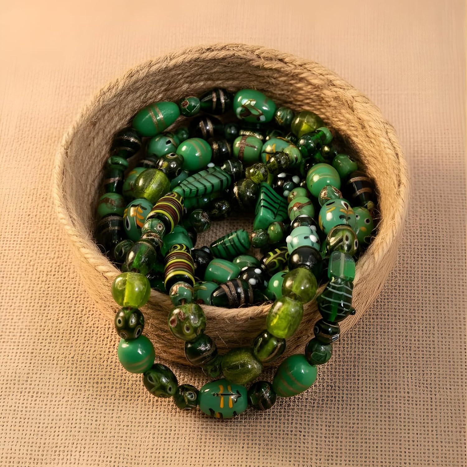 Handcrafted Green Combination Lampwork Glass Beads | Multi-Shape Fancy Spacer Beads | Available in 20 Strands | Artistic Handmade Beads for Jewelry Making & DIY Crafts.