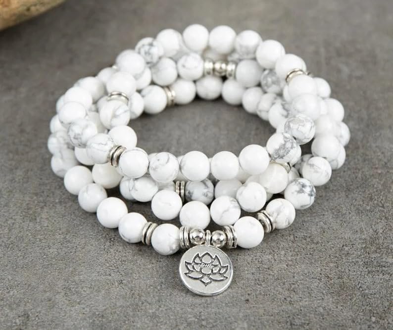 Natural Howlite Stone Mala Beads, 108 Mala Necklace, Knotted Mala, WWG Necklace, Yoga Jewelry Meditation Beads Spiritual Jewelry Boho Jewelry