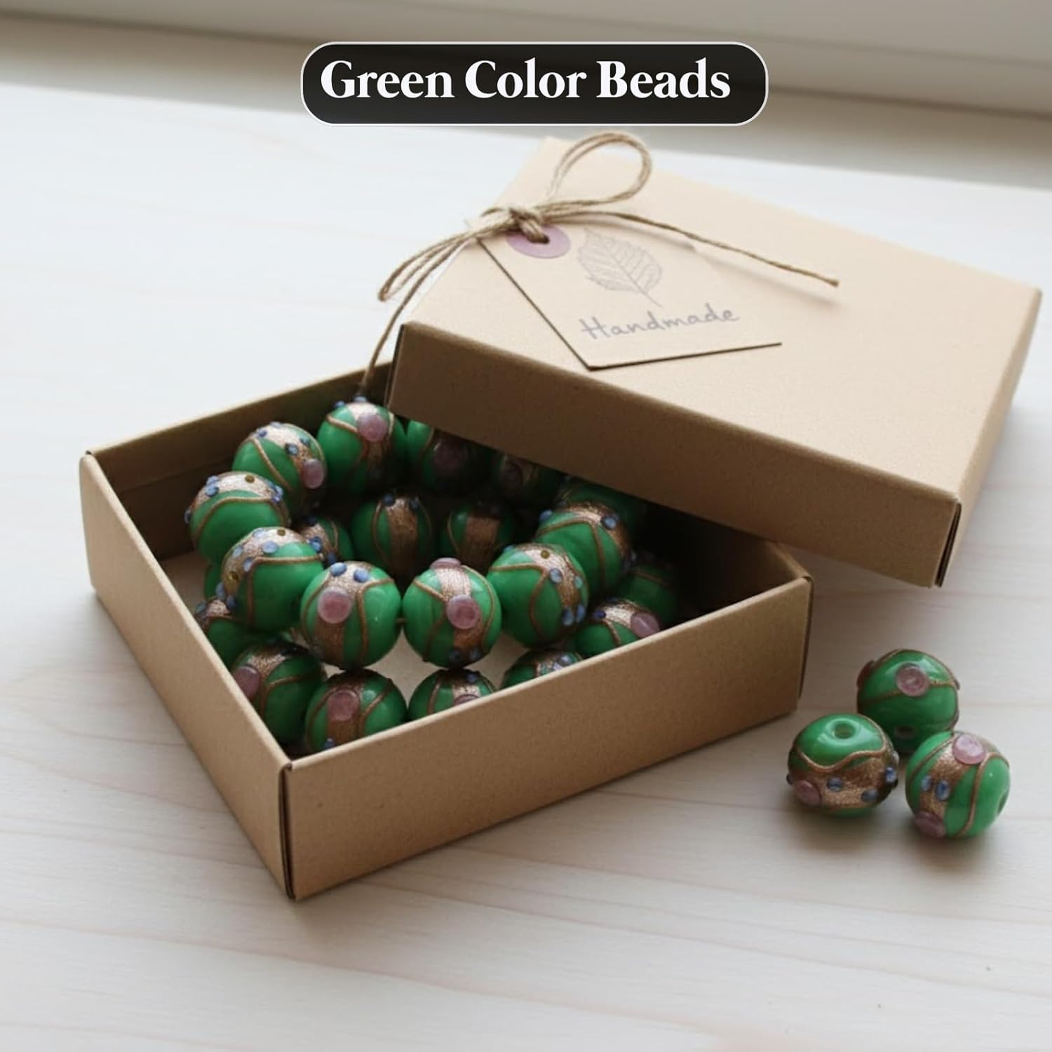 Handcrafted Green & Golden Dual Tone Lampwork Glass Beads | 16mm Round Loose Beads | Available in 10 Strands | Artistic Beads for Jewelry Making, DIY Crafts & Decoration